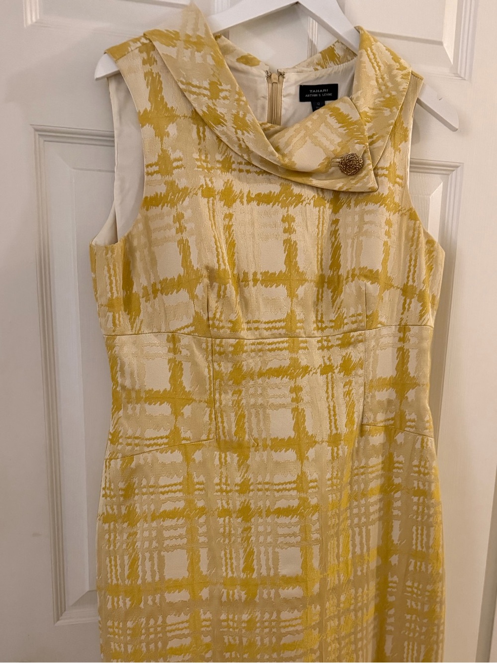 Elie Tahari Yellow and Cream Plaid Midi Dress with Cowl Neck